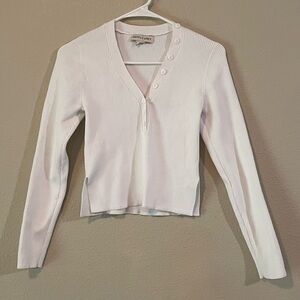 Women's White Ribbed V-Neck Button Accent Top